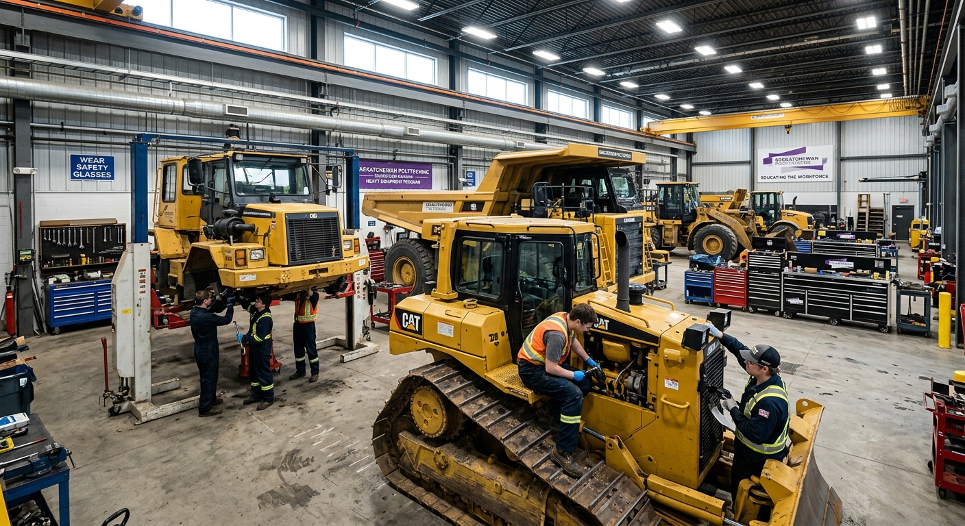 Saskatchewan Polytechnic heavy equipment shop facility with students working on bulldozers and trucks, industrial workshop setting with large mobile machinery, bright overhead lighting, Saskatoon campus