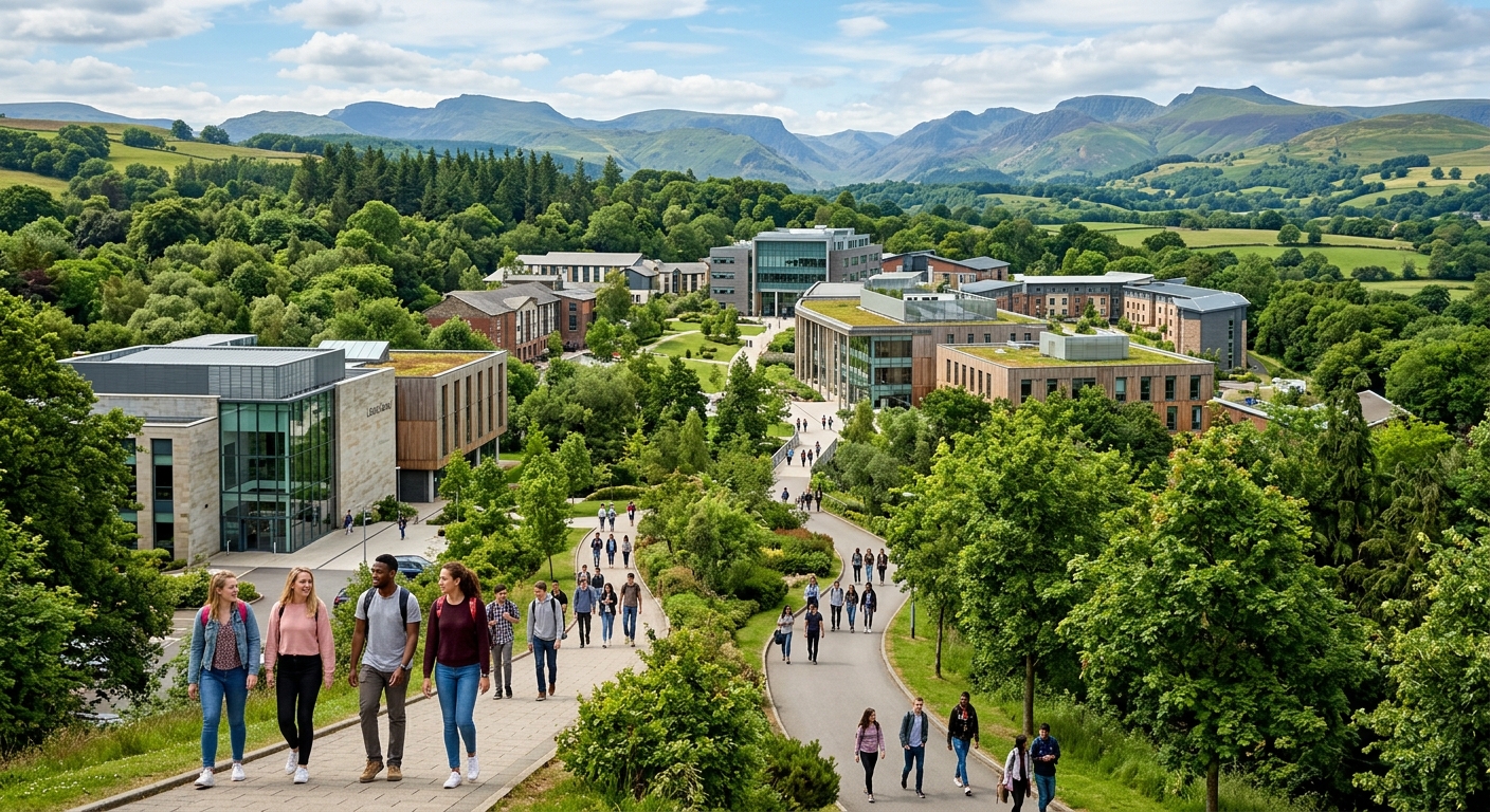 Lancaster University green campus with modern academic buildings surrounded by lush woodland, rolling hills in the background with Lake District scenery, students walking along tree-lined pathways