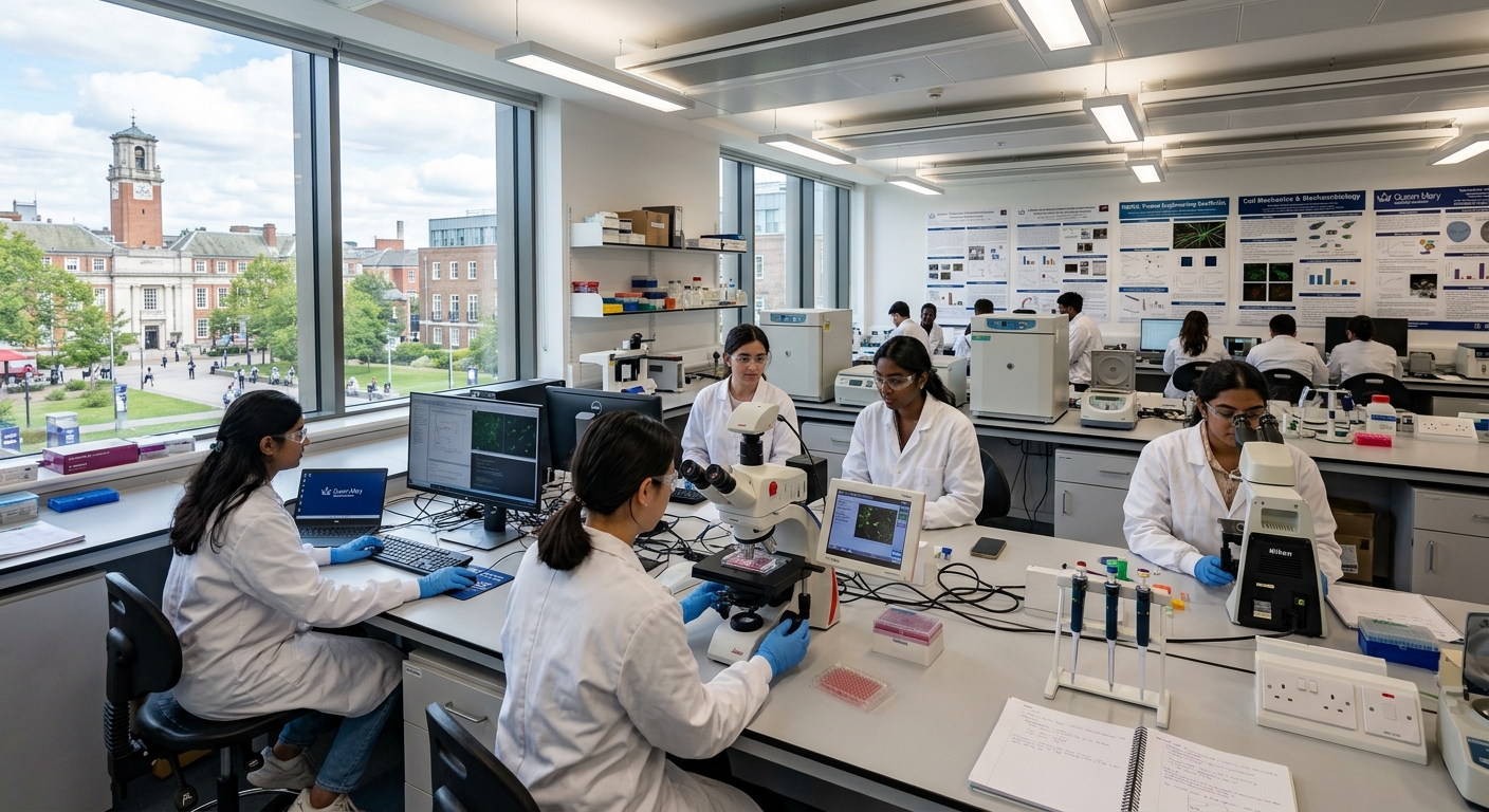 Modern biomedical engineering laboratory at Queen Mary University of London, students working with microscopes and computational equipment, bright clinical lighting, research posters on walls, Mile End campus visible through large windows