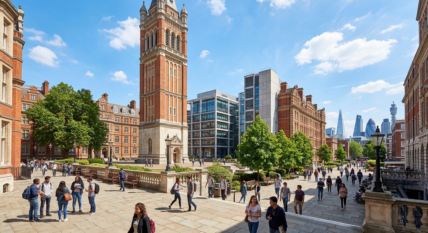Imperial College London South Kensington campus, grand Victorian architecture with modern engineering buildings, students walking through the Queen's Tower courtyard on a sunny day, London skyline visible in the background