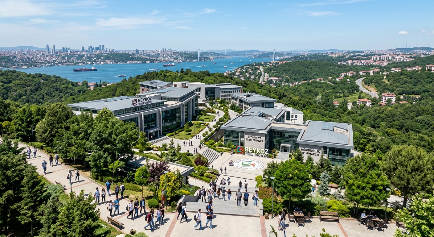 Beykoz University Kavacik campus in Istanbul with modern academic buildings surrounded by green hills on the Asian side of the Bosphorus, students walking between faculty buildings under clear blue sky