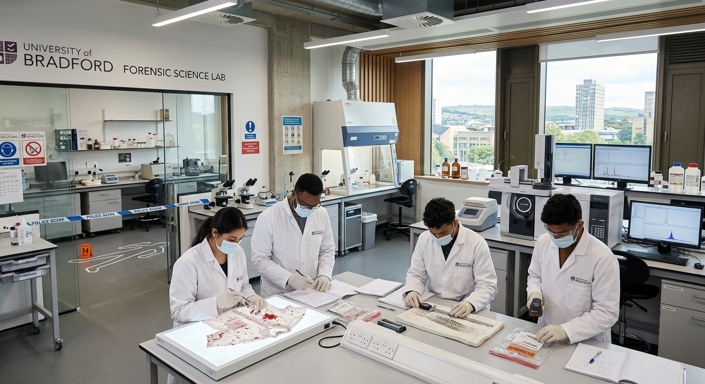 University of Bradford modern campus building with forensic science laboratory, students in white lab coats examining evidence in a well-lit crime scene facility, analytical instruments visible in the background, Bradford West Yorkshire UK