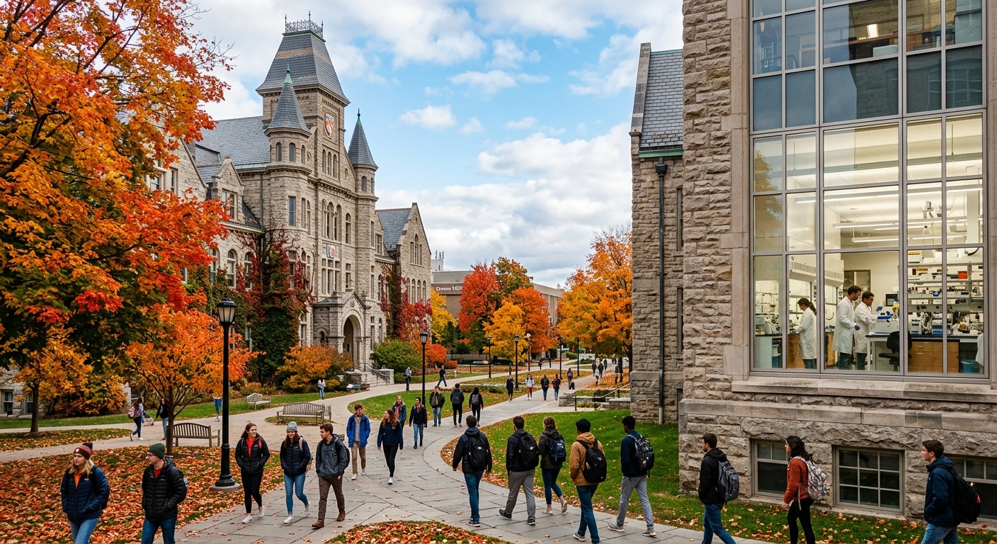 Syracuse University campus in autumn with orange and red foliage, historic stone buildings, students walking on pathways near the College of Arts and Sciences, research laboratory setting visible through windows