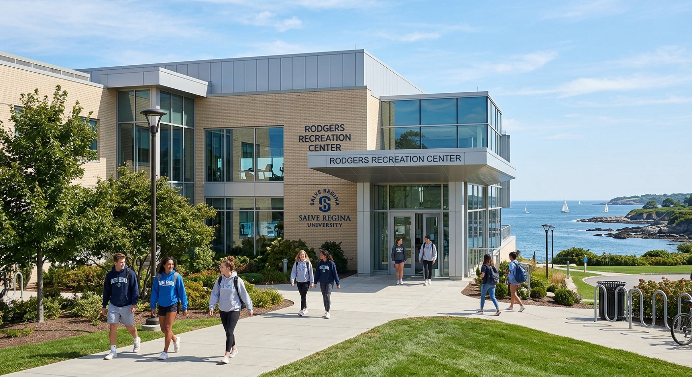 Rodgers Recreation Center at Salve Regina University, modern athletic facility with students walking outside, ocean visible in the background, sunny day