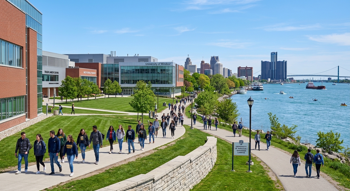 University of Windsor campus along the Detroit River, modern academic buildings surrounded by green lawns, students walking on pathways under clear blue sky, Windsor Ontario Canada