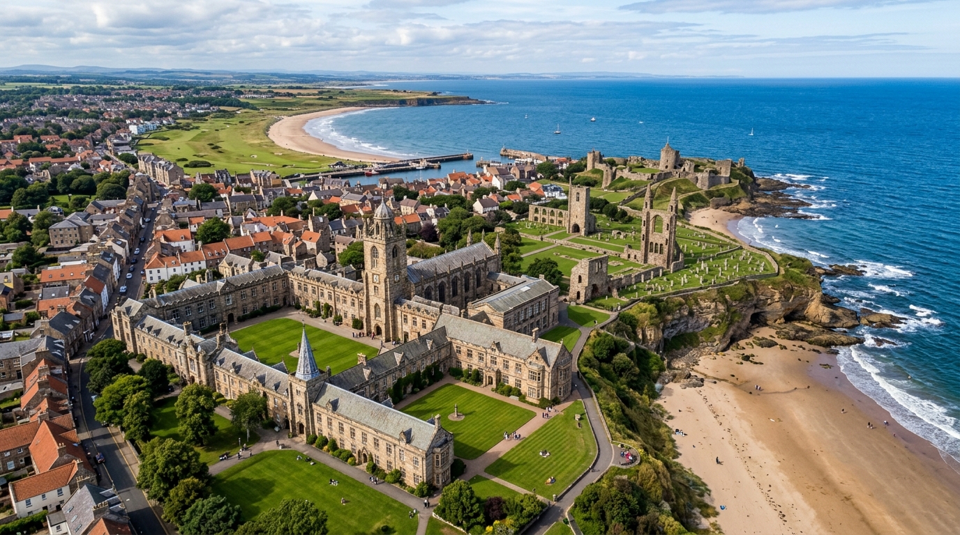 Aerial view of the University of St Andrews historic campus with medieval stone buildings, green quadrangles, and the dramatic North Sea coastline of Fife, Scotland in the background