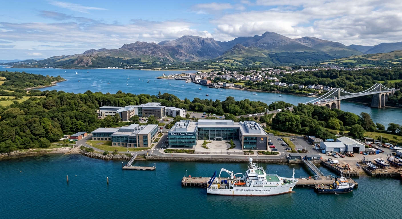 Aerial view of Bangor University School of Ocean Sciences on the Menai Strait coastline in North Wales, with a research vessel in the water, mountains of Snowdonia in the background, and modern laboratory buildings along the waterfront