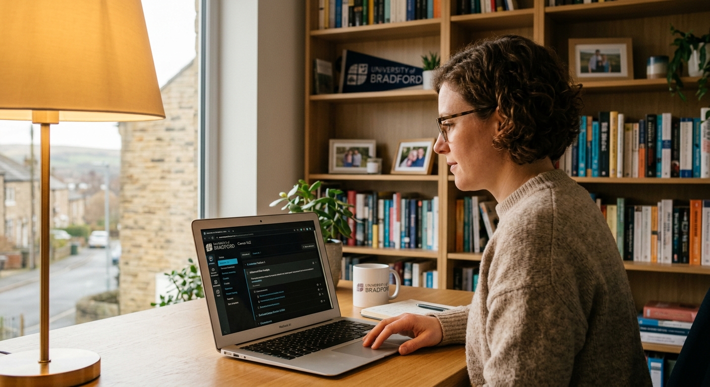 Professional working on a laptop in a modern home office setting with University of Bradford branding, virtual learning environment on screen, warm ambient lighting, bookshelves in background