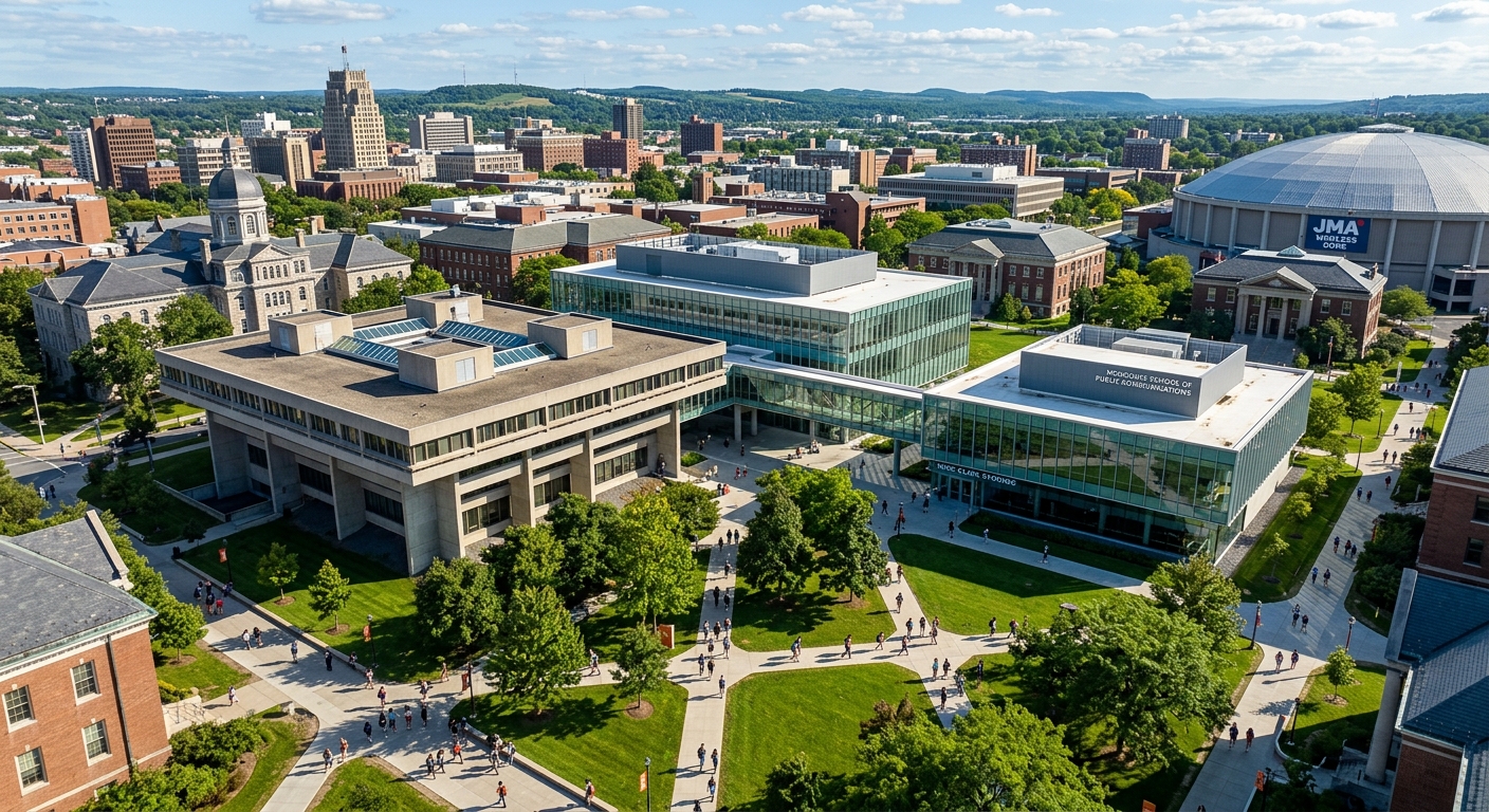Syracuse University campus aerial view showing the iconic Newhouse School of Public Communications building complex with modern glass architecture, green quad area, and students walking between buildings on a sunny day in Syracuse, New York