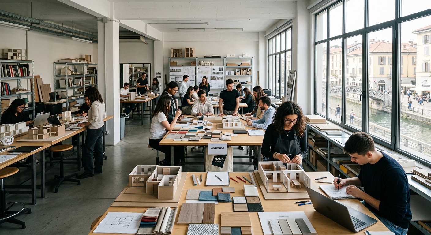 Modern open-plan design studio at NABA Milan campus with students working on interior design models and sketches, large windows overlooking the Navigli district, material samples and architectural models on tables, bright natural light