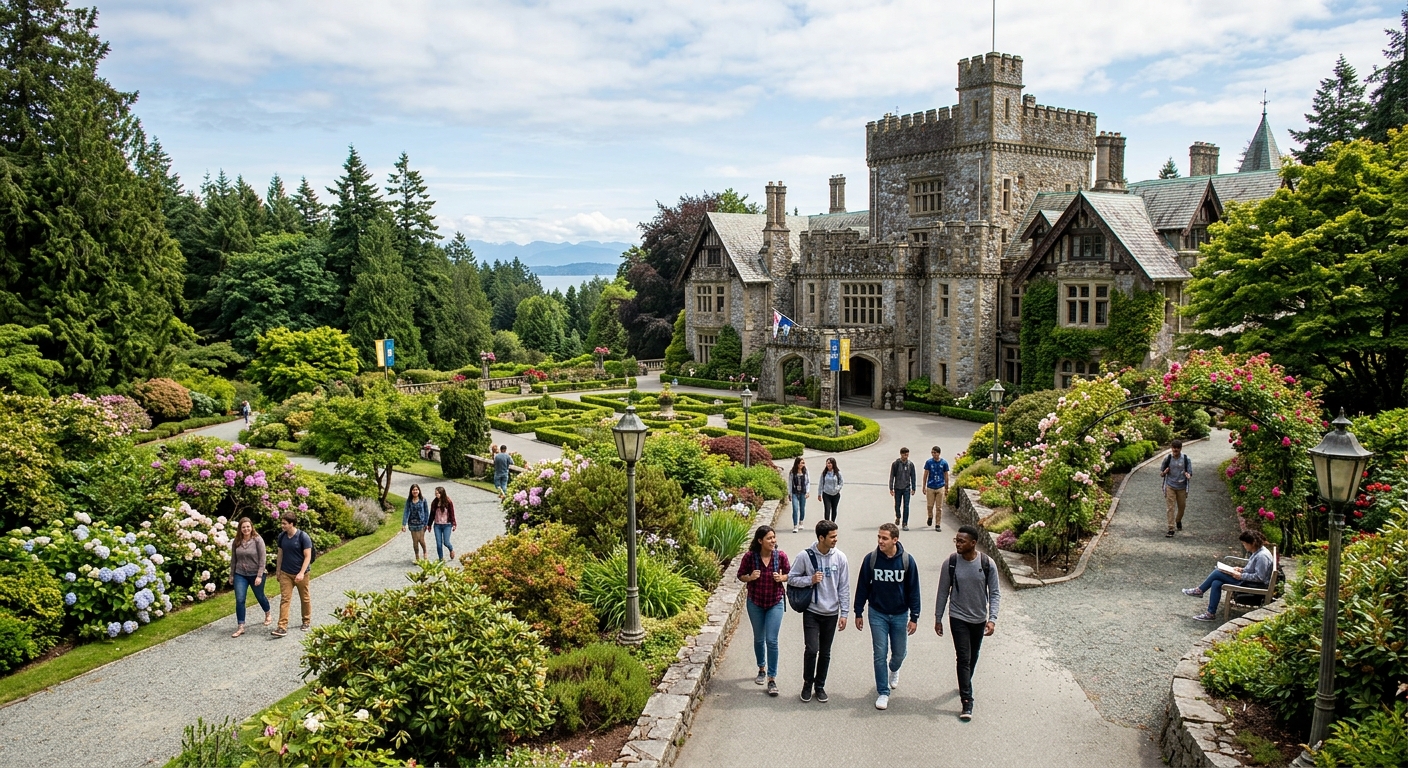 Historic Hatley Castle at Royal Roads University campus surrounded by lush gardens and Pacific Northwest forest, with students walking along pathways on Vancouver Island, British Columbia, Canada