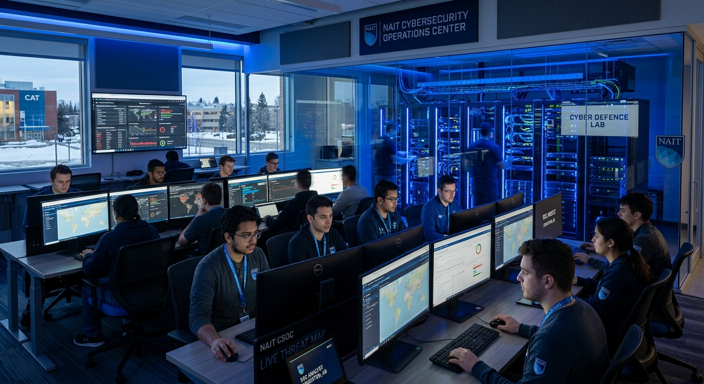 Modern cybersecurity operations center at Northern Alberta Institute of Technology, students monitoring network security dashboards on multiple screens, blue-lit server room visible through glass walls, Edmonton campus setting