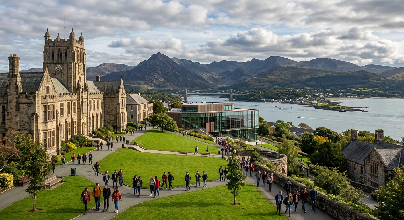 Bangor University campus with historic stone buildings nestled between Snowdonia mountains and the Menai Strait, students walking across green lawns with the Pontio Arts Centre visible in the background, dramatic Welsh coastal landscape under partly cloudy skies