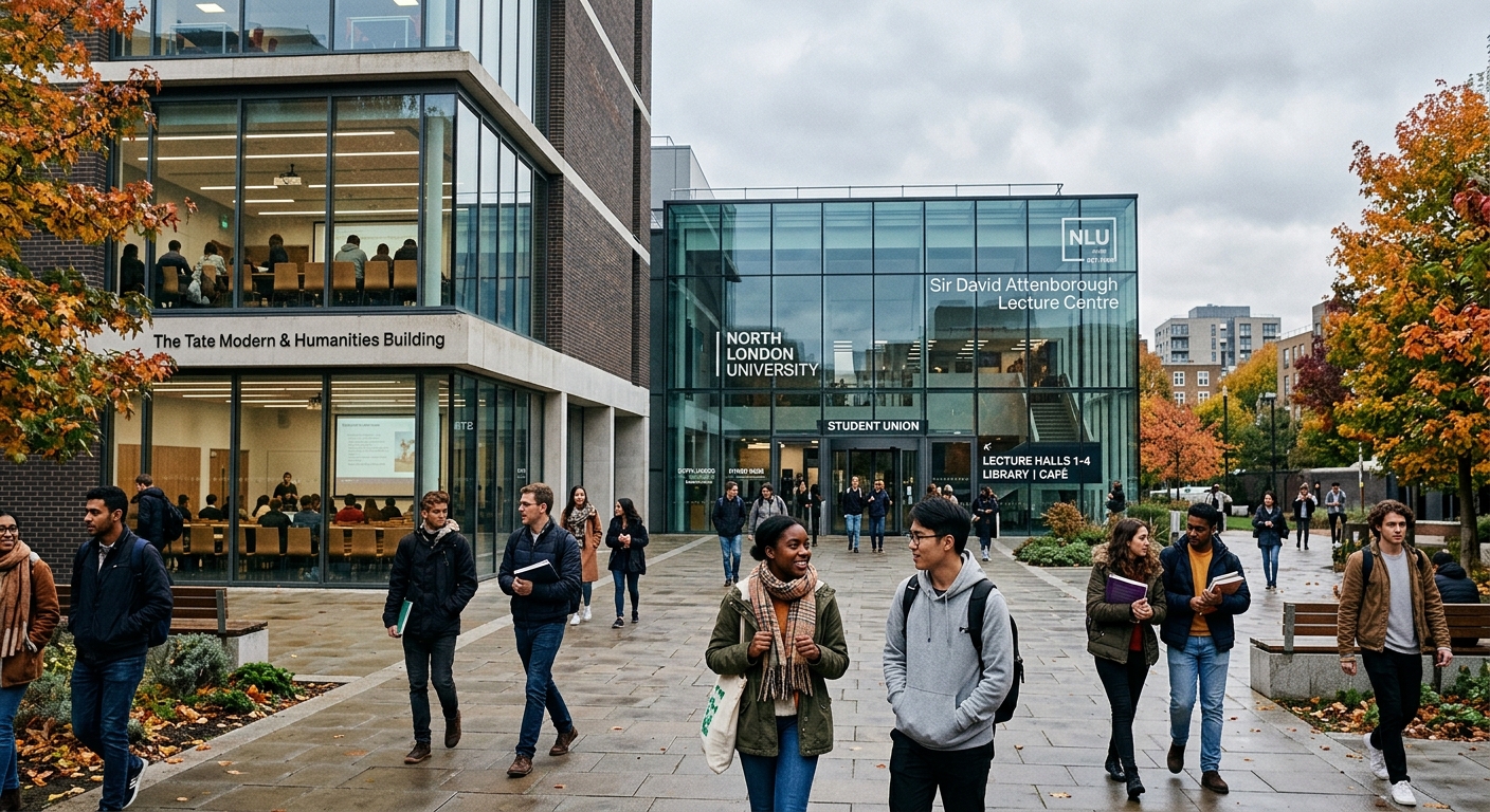 Modern university campus building in North London with diverse students walking through courtyard, autumn trees, glass-fronted lecture hall visible in background, overcast London sky