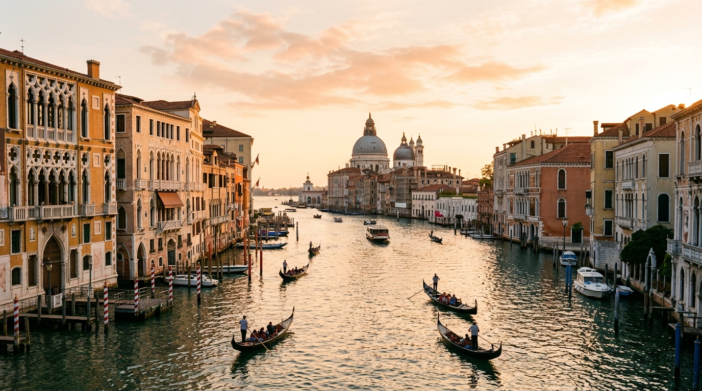 Venice cityscape panorama at golden hour, Grand Canal with historic palaces, gondolas on water, Basilica di San Marco dome in background, pastel-colored buildings reflecting in canal water