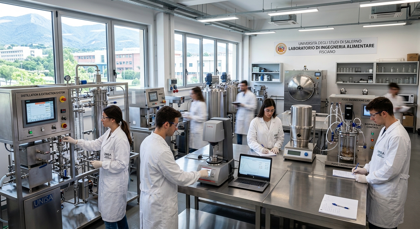 Modern food engineering laboratory at University of Salerno campus in Fisciano, Italy, with students in white lab coats working with food processing equipment, stainless steel machinery, and digital monitoring systems, bright overhead lighting
