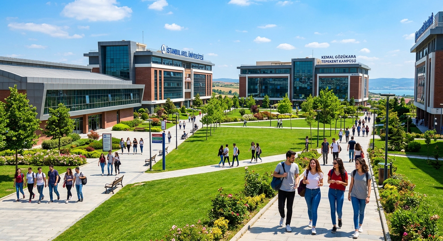 Istanbul Arel University Kemal Gözükara Tepekent Campus, modern multi-story academic buildings, green lawns, students walking on pathways, sunny day