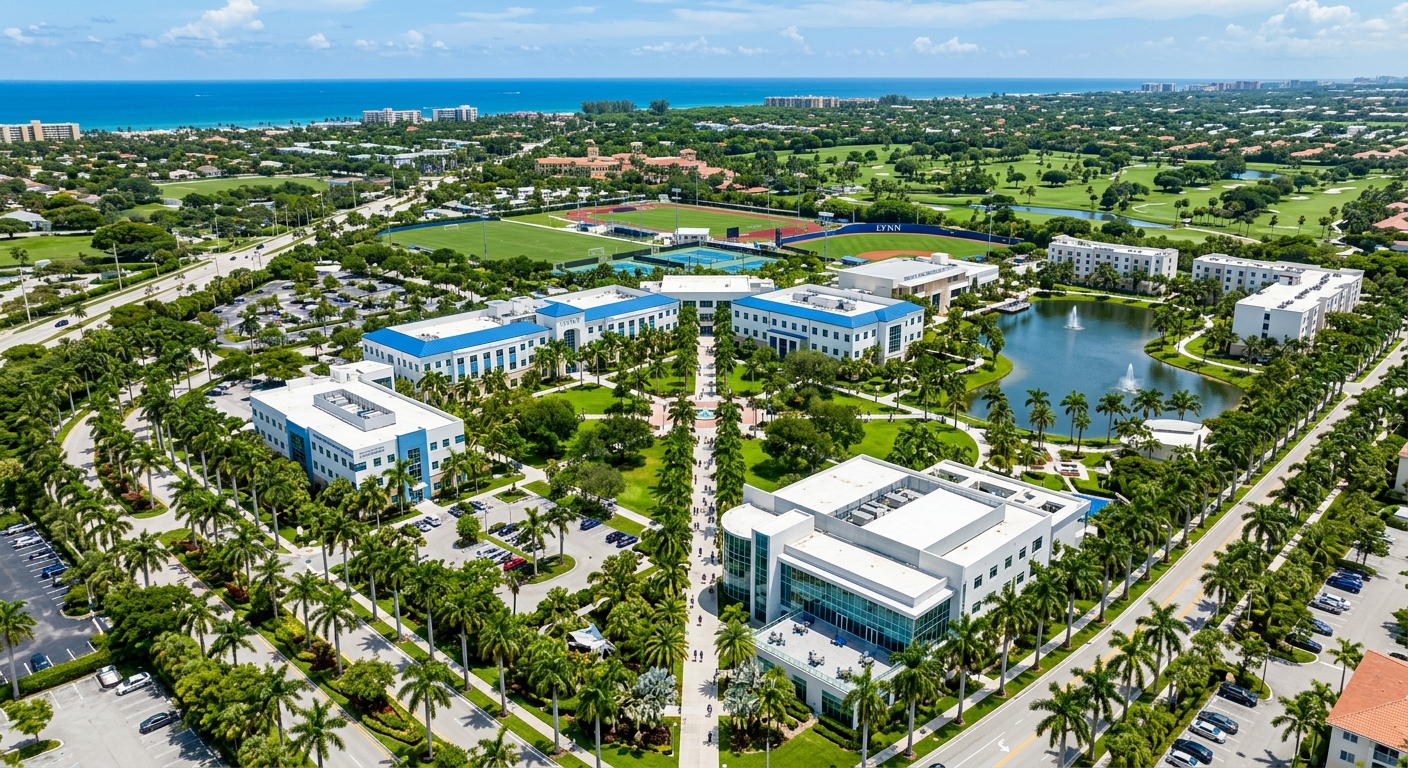 Lynn University campus aerial view in Boca Raton Florida, palm trees lining walkways, modern academic buildings with white and blue accents, subtropical landscaping, sunny blue sky