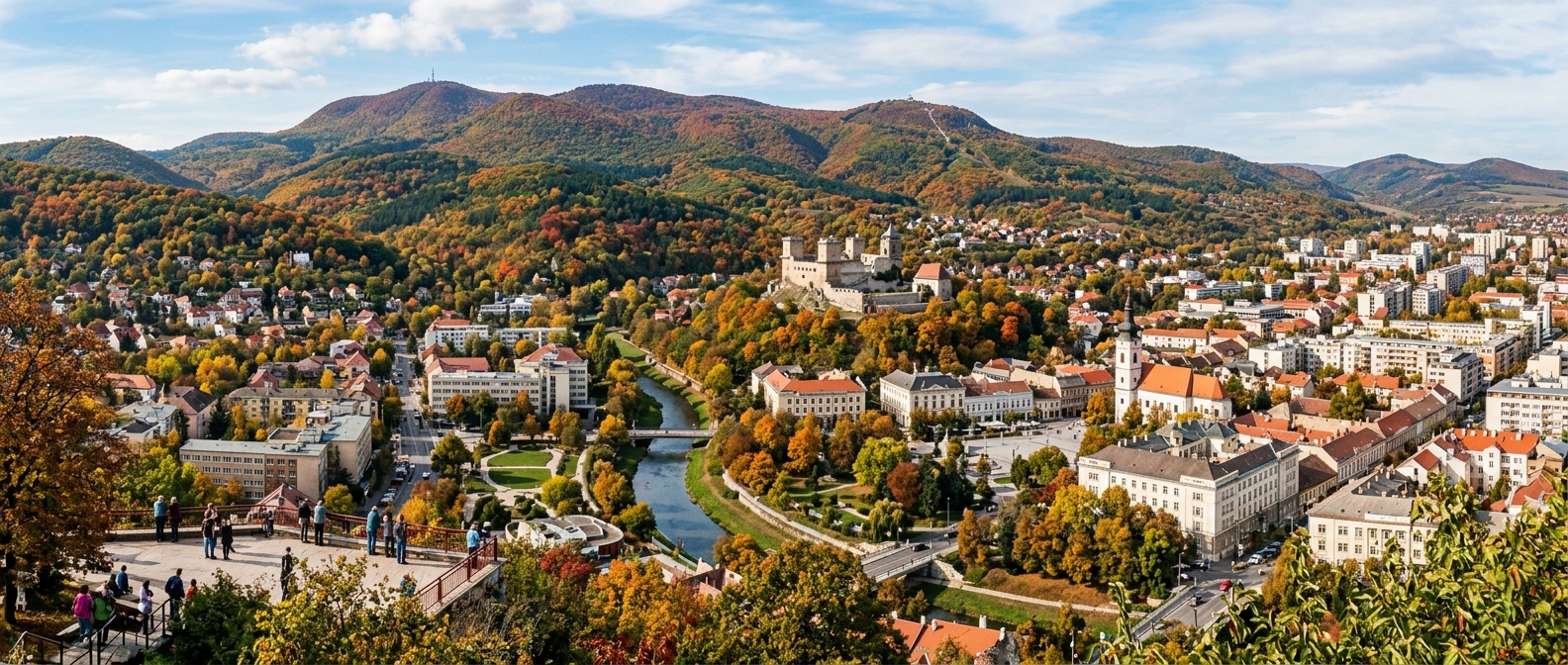 Panoramic view of Miskolc city in northeastern Hungary, Bukk Mountains in background, Diosgyor Castle visible, Szinva Creek running through downtown, autumn foliage