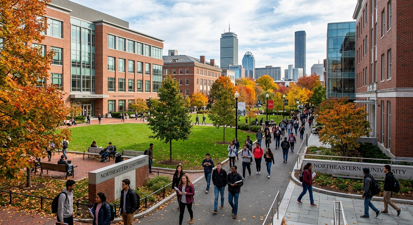 Northeastern University Boston campus with modern brick buildings, green courtyard, students walking between academic halls, city skyline visible in background, autumn foliage