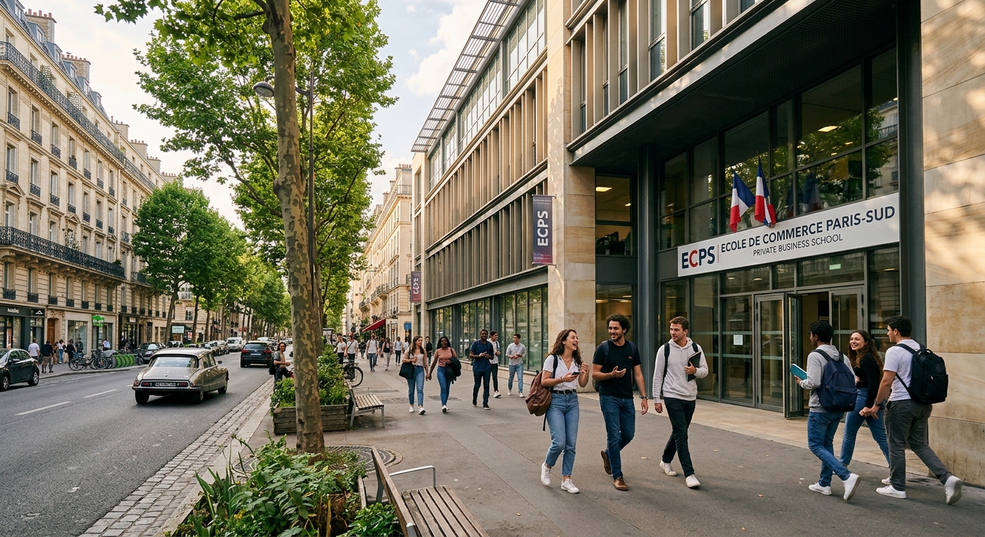 Modern Parisian private business school campus exterior with students walking near a contemporary building, tree-lined street in the 14th arrondissement of Paris, warm natural lighting