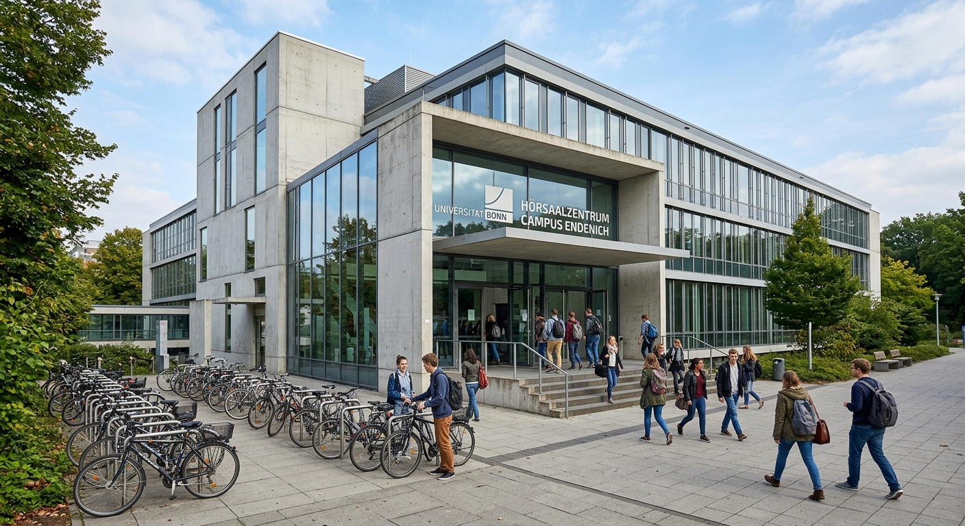 Modern lecture hall and research building at University of Bonn campus in Endenich, glass and concrete architecture, students entering building, bicycles parked outside