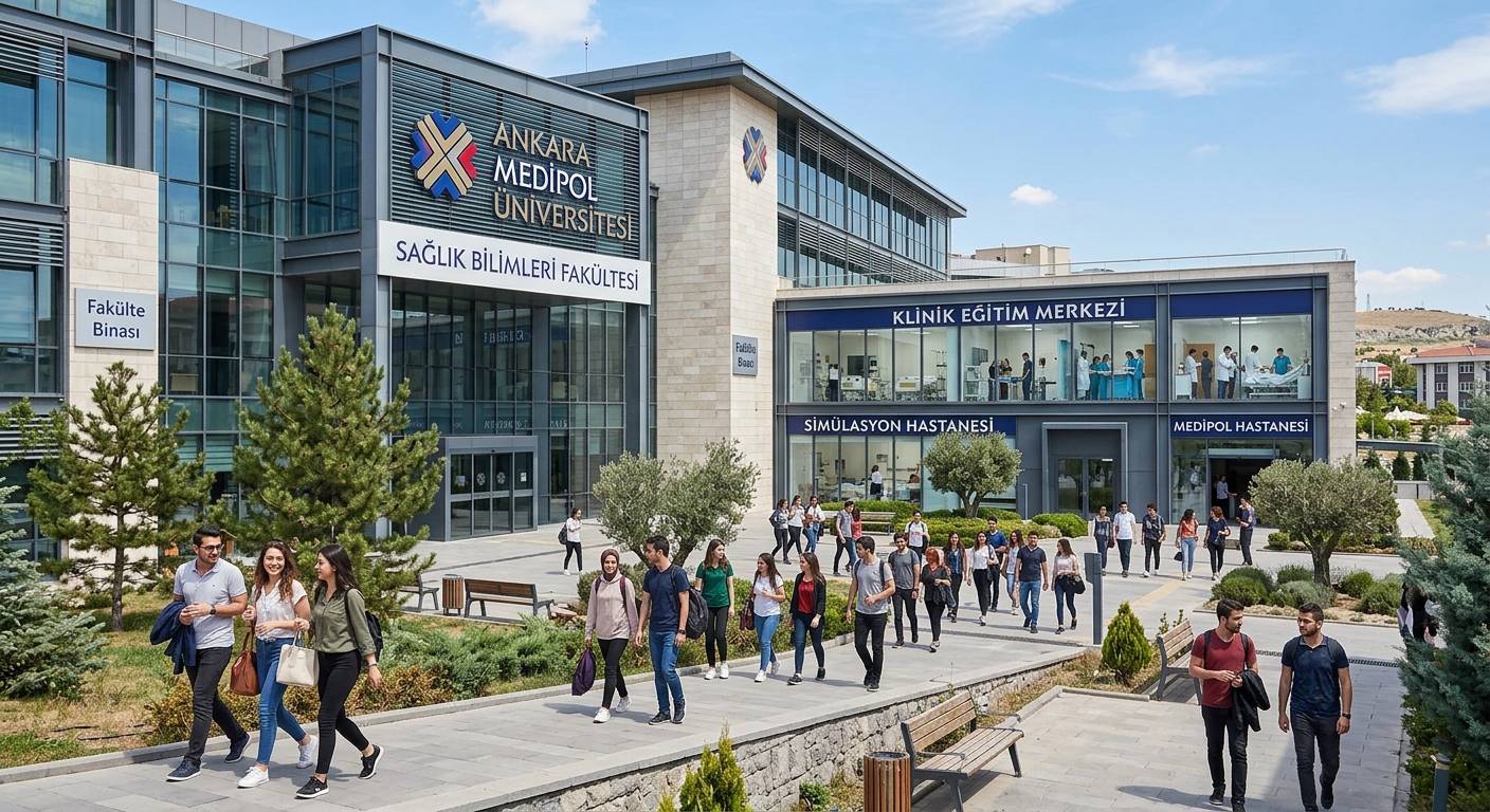 Modern health sciences faculty building at Ankara Medipol University campus in Ankara Turkey, students walking through courtyard with clinical training facilities visible, bright daylight