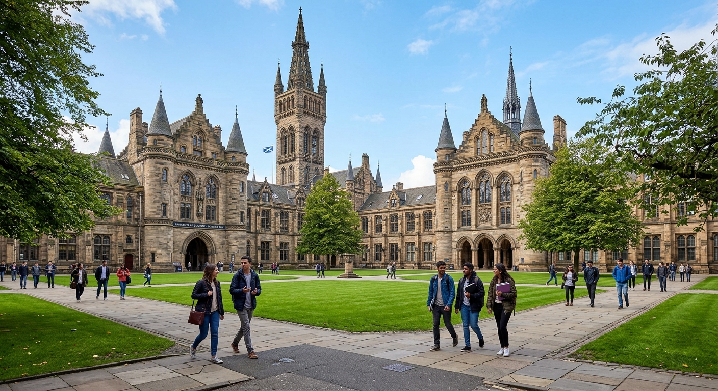 University of Glasgow historic Gothic revival main building with its iconic tower, students walking across the quadrangle on a sunny day, green lawns and stone architecture in Glasgow Scotland