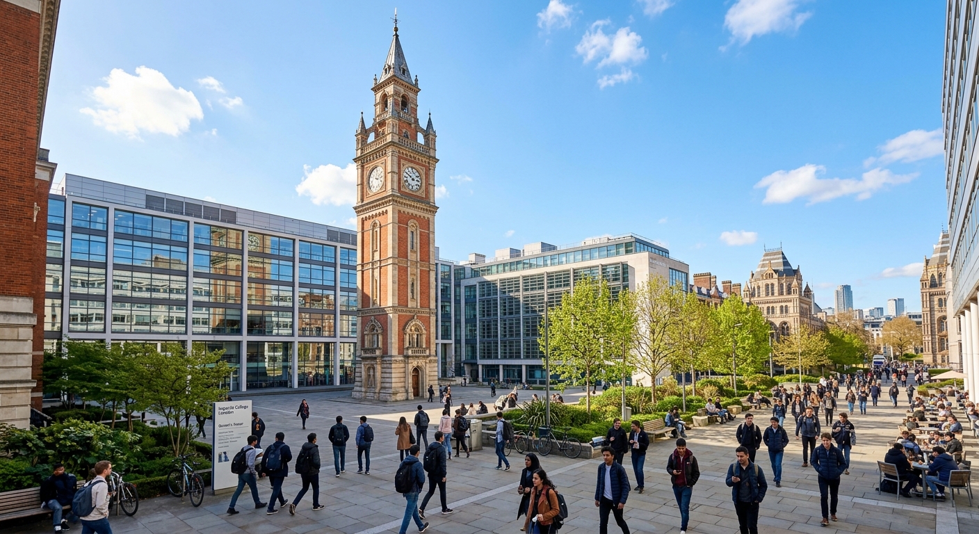 Imperial College London South Kensington campus with the iconic Queen's Tower, modern engineering buildings, and students walking through the courtyard on a sunny day in London