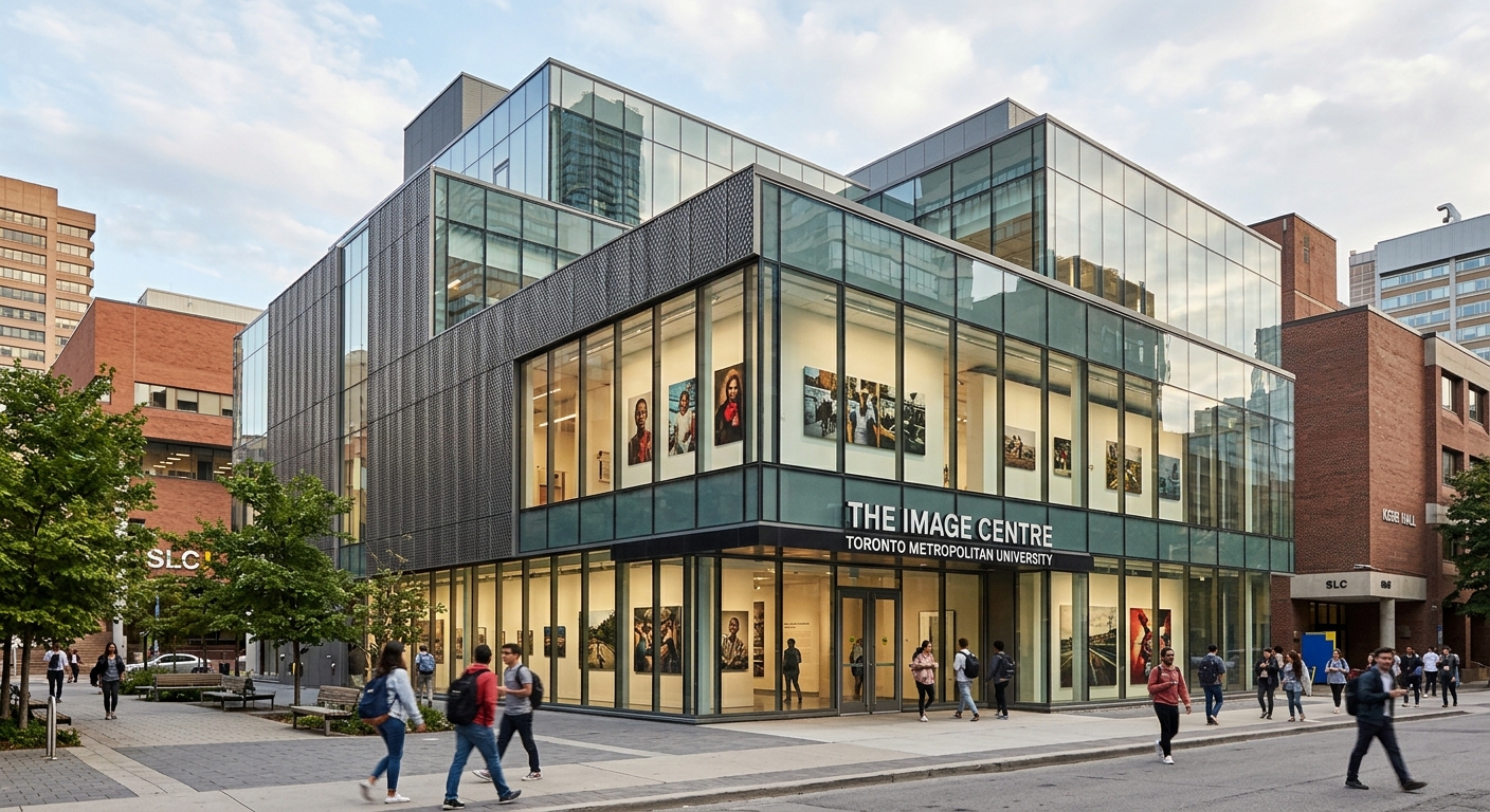 The Image Centre at Toronto Metropolitan University, contemporary gallery building exterior, glass facade showcasing photography exhibitions, urban campus setting