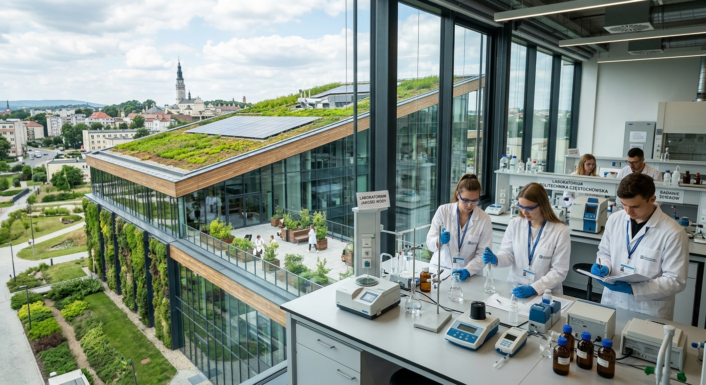 Modern university campus building at Częstochowa University of Technology, environmental engineering laboratory with students conducting water quality tests, green sustainable infrastructure in background, Polish city skyline