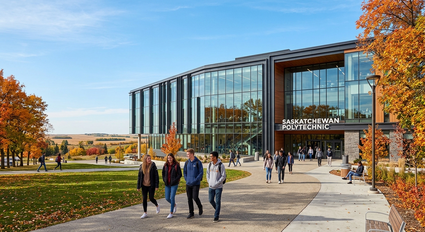 Modern Saskatchewan Polytechnic campus building with glass facade, Canadian prairie landscape in background, students walking on pathway, autumn trees, clear blue sky