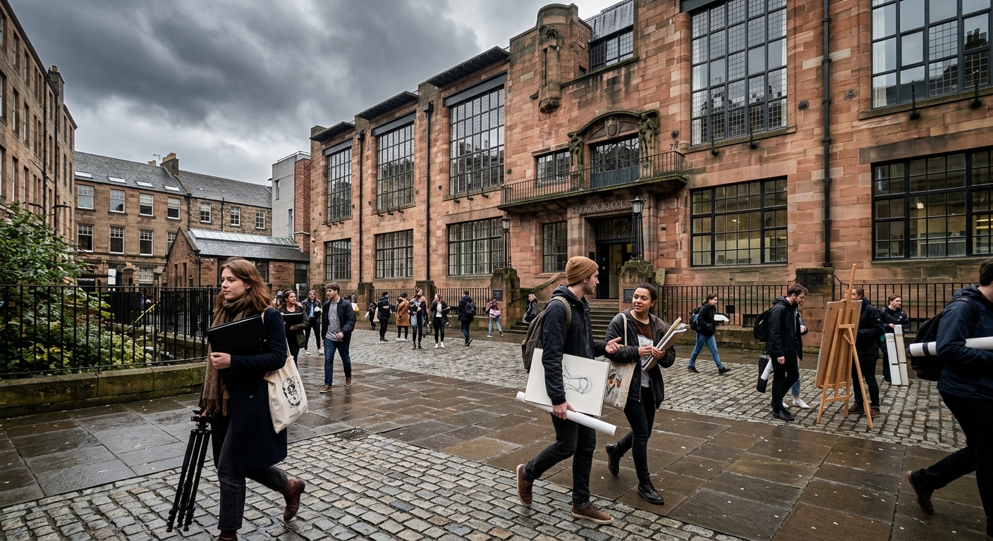 Glasgow School of Art campus exterior with historic architecture, students walking through courtyard carrying portfolios and design equipment, overcast Scottish sky, creative urban environment in Glasgow city centre