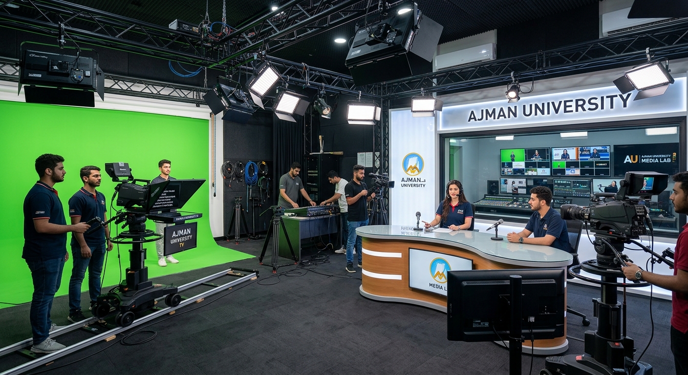 Modern television production studio at Ajman University with professional cameras, lighting rigs, green screen, and students practicing broadcasting techniques in a state-of-the-art media lab