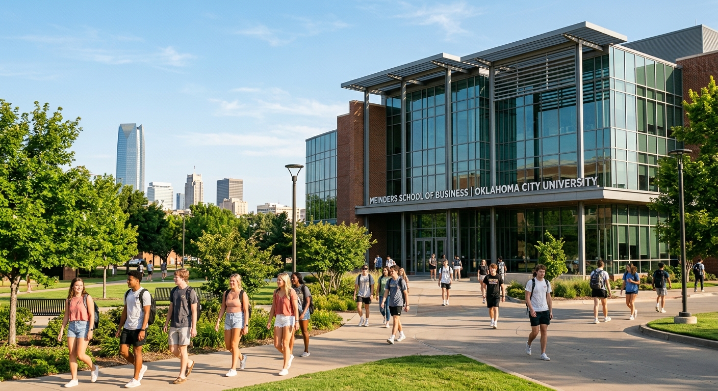 Oklahoma City University Meinders School of Business modern campus building with glass facade, students walking on tree-lined pathways, Oklahoma City skyline in the background, sunny day