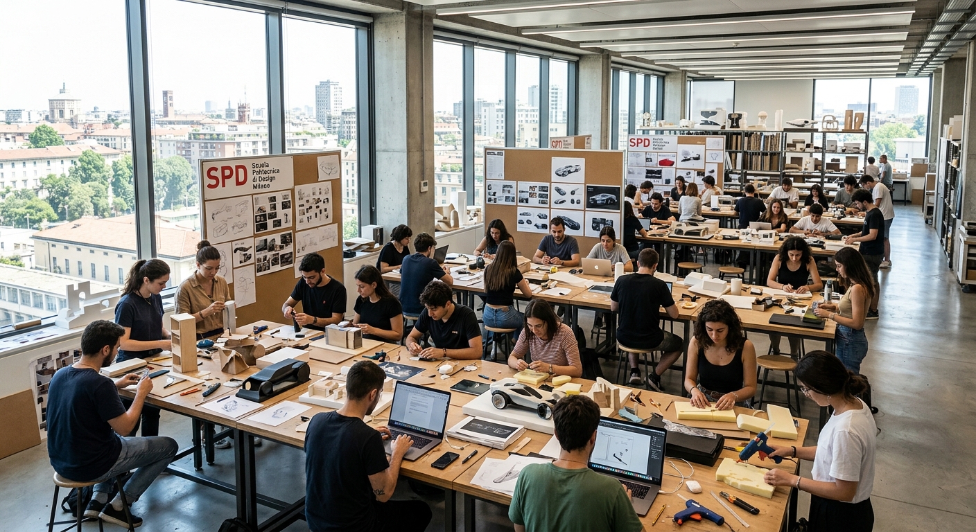 SPD design studio interior with students working on projects, modern open-plan workspace, large tables with prototypes, natural light streaming through floor-to-ceiling windows, Milan Italy