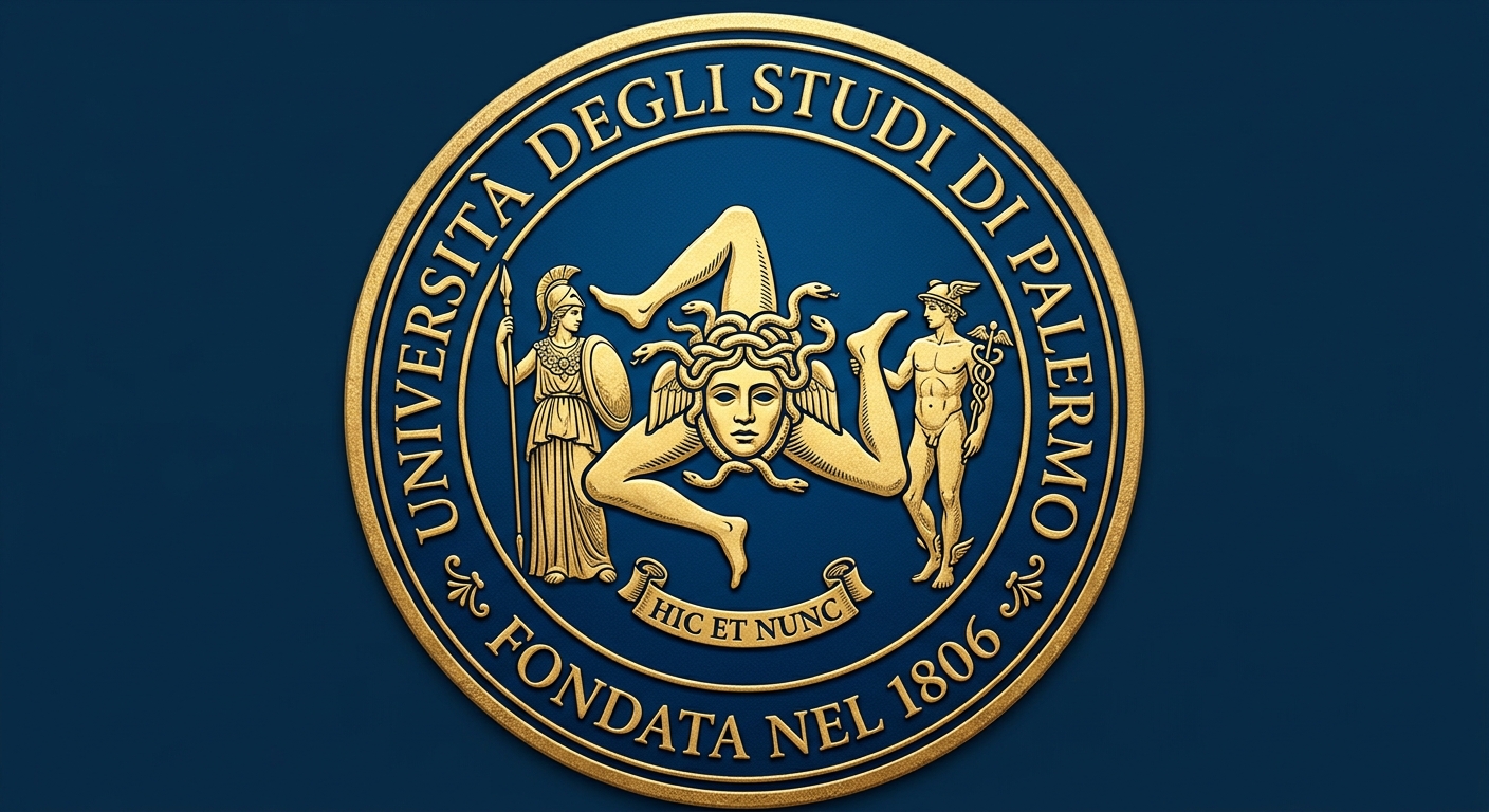 University of Palermo official logo featuring the Trinacria symbol flanked by Minerva and Mercury, blue and gold color scheme, circular emblem with Latin text Università degli Studi di Palermo