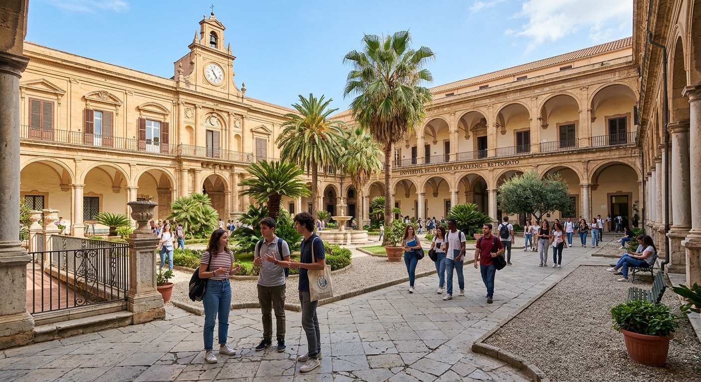 Historic University of Palermo campus building with Mediterranean architecture, palm trees, and students walking through sunlit courtyards in Palermo, Sicily, Italy