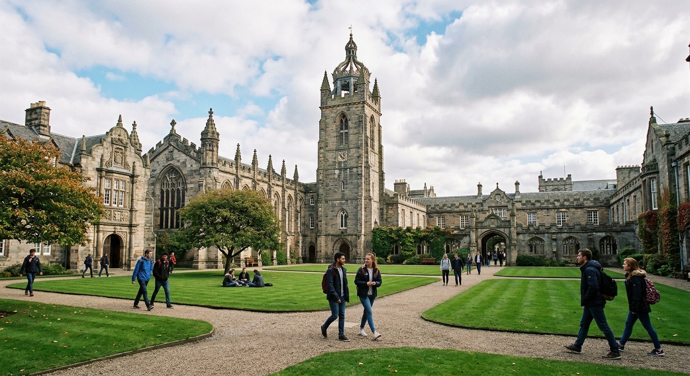 Historic King's College campus at the University of Aberdeen, featuring the iconic crown tower, medieval stone buildings, and manicured green quadrangle with students walking among centuries-old architecture under a Scottish sky