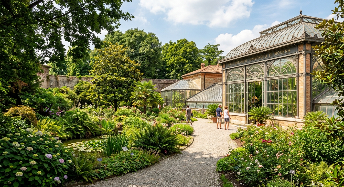 University of Modena botanical garden with lush green plants, historic greenhouse structures, walking paths surrounded by diverse plant species, sunny day