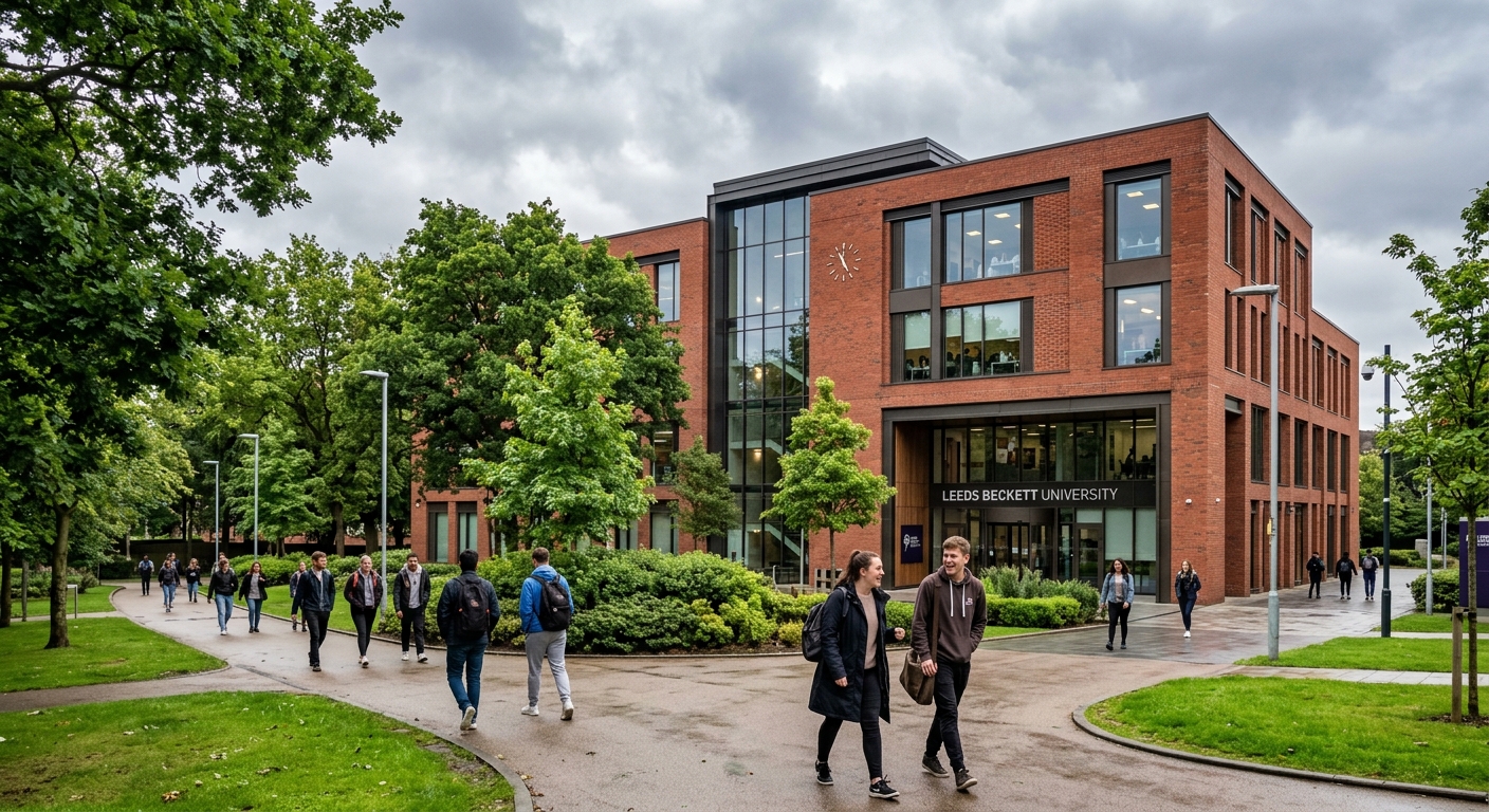 Modern university campus building at Leeds Beckett University Headingley campus, red brick architecture surrounded by green trees, students walking along pathways, overcast English sky