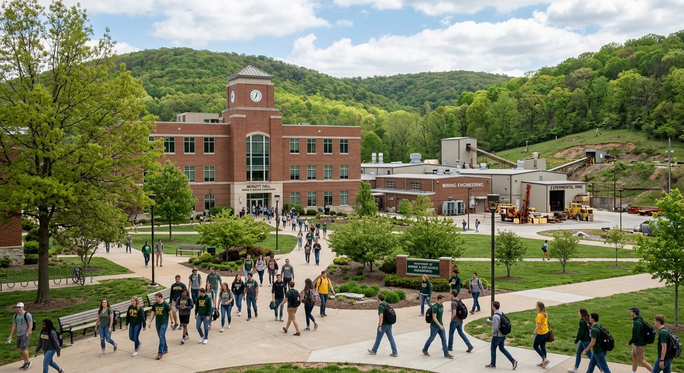 Missouri S&T campus in Rolla, Missouri with McNutt Hall and mining engineering facilities, green Ozark Mountain landscape in background, students walking on pathways near engineering buildings