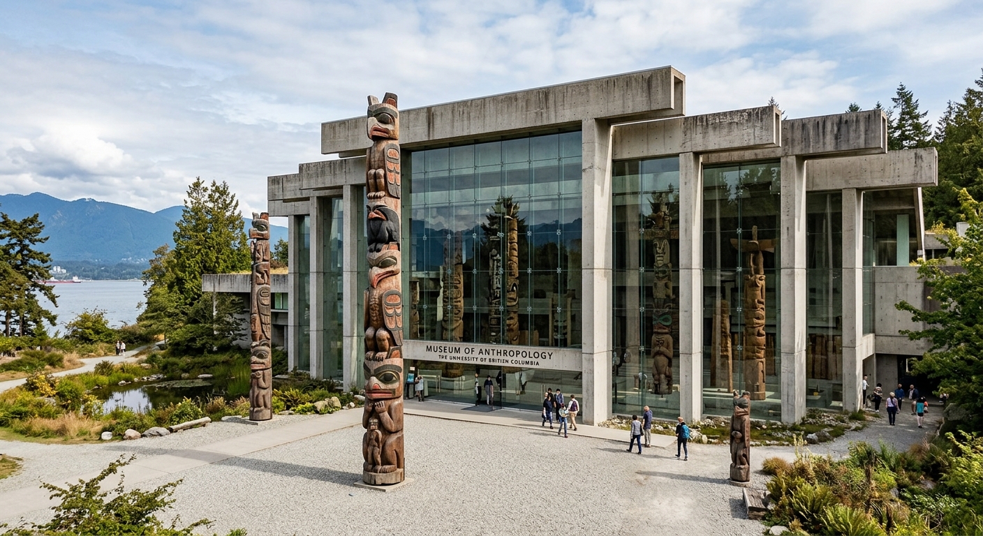 UBC Museum of Anthropology exterior designed by Arthur Erickson, dramatic glass and concrete structure with totem poles and Pacific Northwest Indigenous art visible