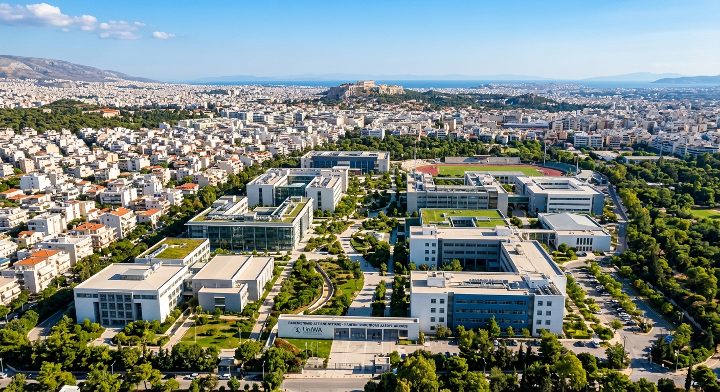 University of West Attica Egaleo Park Campus wide aerial view, modern educational buildings surrounded by green spaces, Athens urban skyline in background, clear Mediterranean blue sky, warm daylight