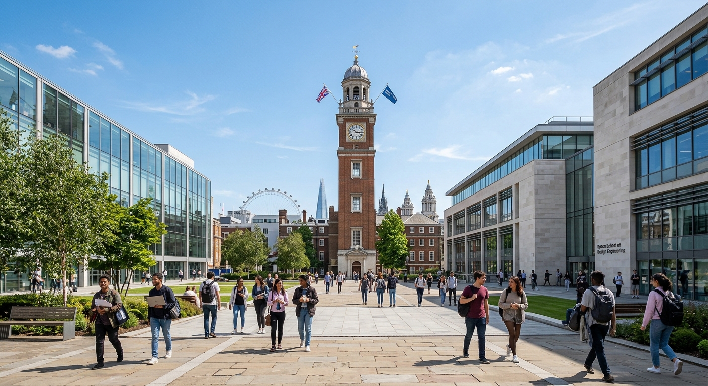 Imperial College London South Kensington campus, modern glass and stone architecture, students walking through the Queen's Tower courtyard, London skyline in background, sunny day with blue sky