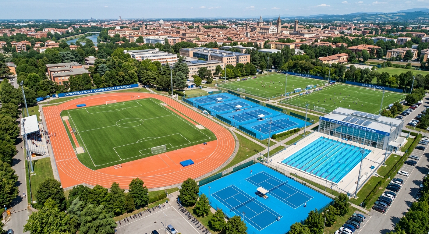 University of Parma sports facilities with swimming pool, athletics track, tennis courts, and football pitches on the campus grounds