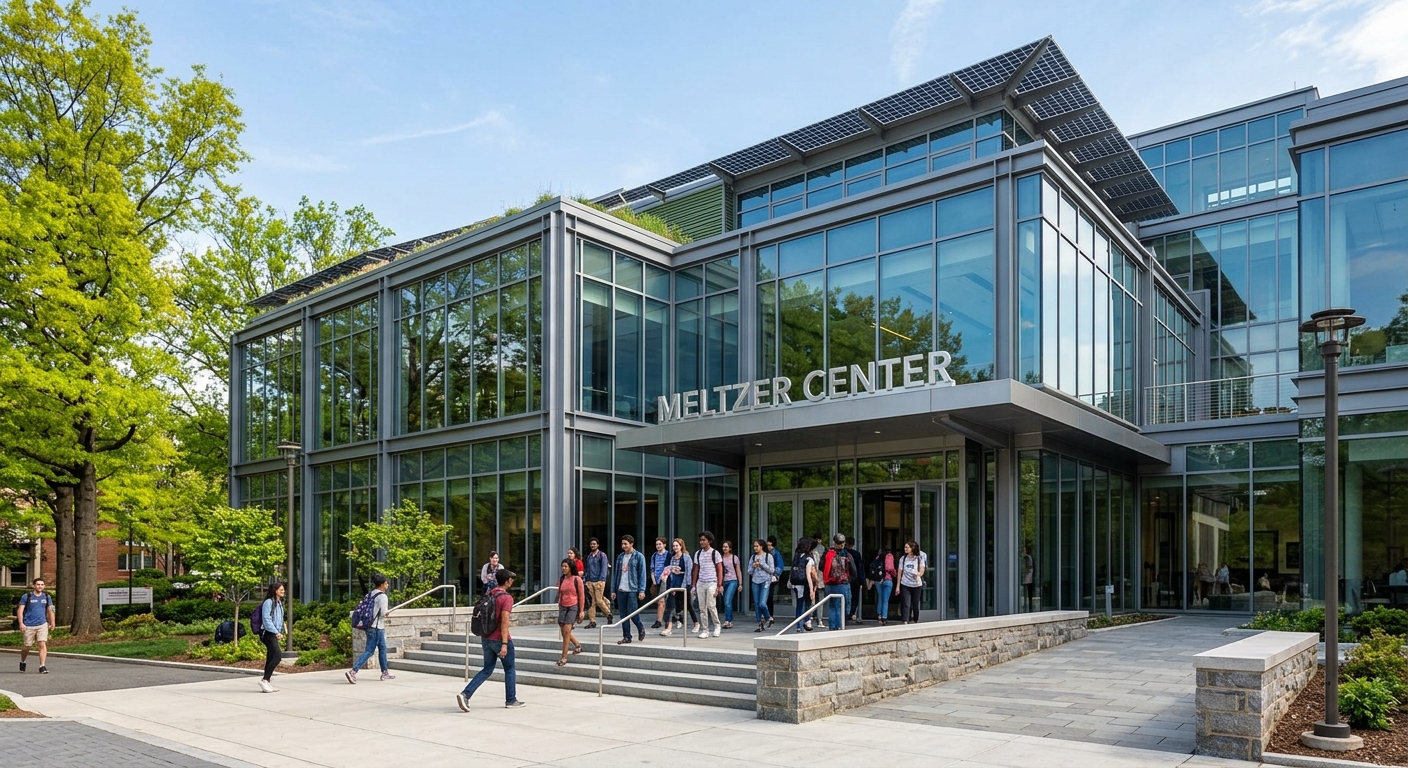 Meltzer Center at American University, modern glass and steel athletics facility with sustainable design, students entering the building, daytime