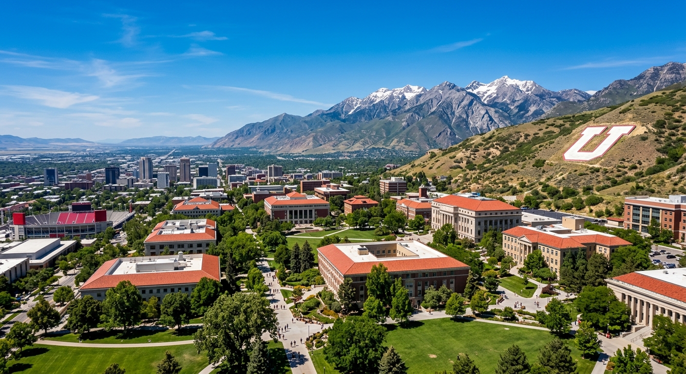 University of Utah campus wide shot with red-roofed buildings nestled against the Wasatch Mountains, green lawns, the iconic Block U on the hillside, clear blue sky over Salt Lake City