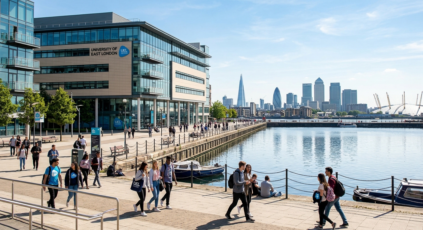 University of East London Docklands Campus modern building exterior with students walking along the waterfront promenade, London skyline in the background, bright daylight