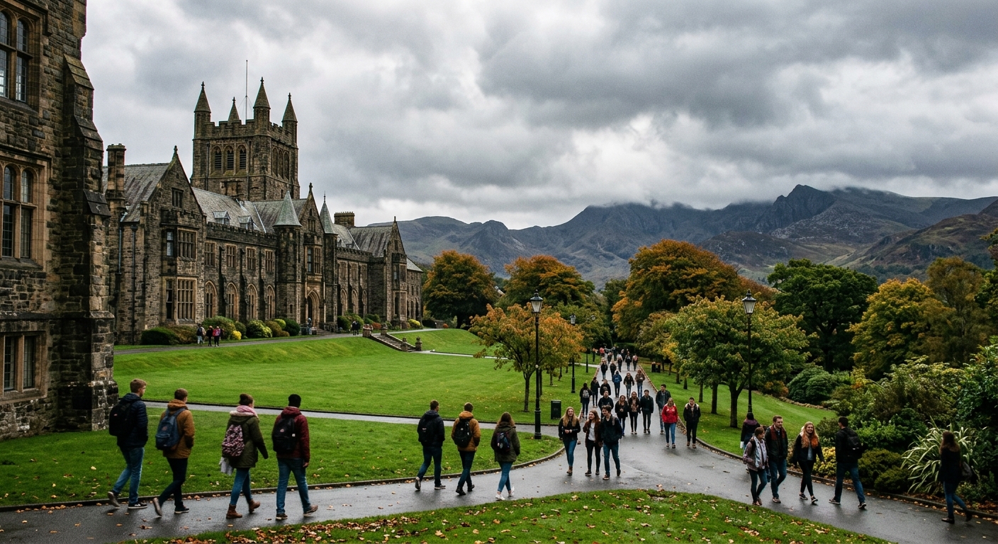 Historic stone university building at Bangor University with green lawns, mountains of Snowdonia in the background, students walking along tree-lined paths, overcast Welsh sky